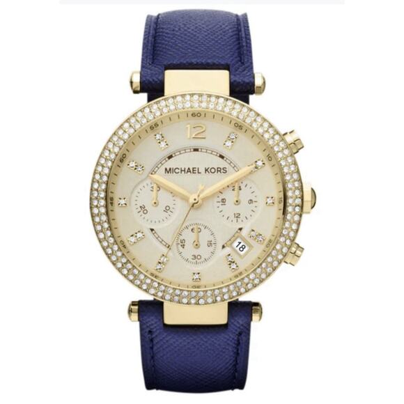 Michael Kors MK2280 Parker Chronograph Gold Dial Woman’s Watch Blue Leather Band - Picture 1 of 8